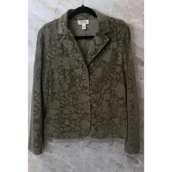 Talbots Olive Velvet Floral 3 Button Blazer Cotton Size 14 - Picture 1 of 5